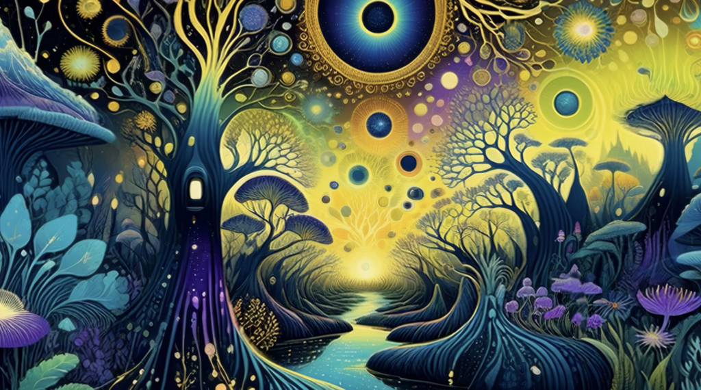 Psychedelic screensaver for shroom trips with luminous soul-lights floating through fractal trees